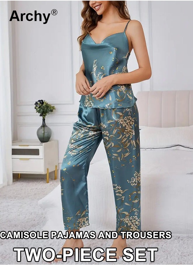 2-Piece Women's Floral Print Silky Pajama Set Cowl Neck Backless Cami Top & Pants Elegant Satin Pajama Sets Sleeveless Long Pants Comfortable Cooling Fabric Suspender Pyjamas Suit for Women