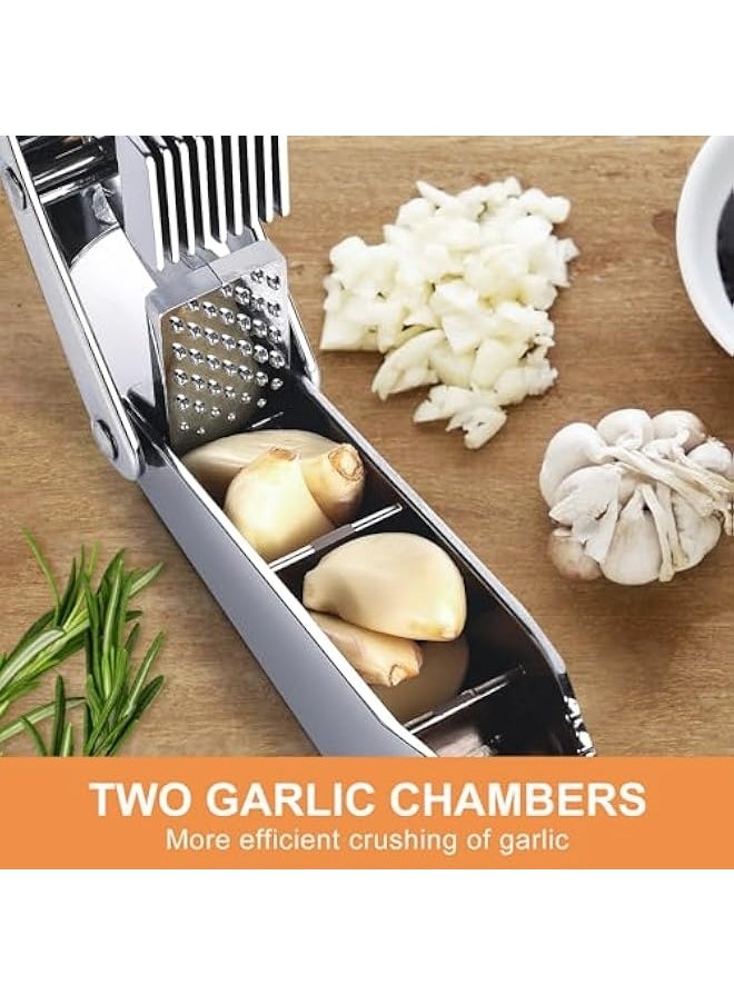 2-in-1 Garlic Press and Slicer, Effortlessly Crush, Slice, and Mince Garlic with Versatile Kitchen Tool, Ideal for Home Cooks and Professional Chefs (Silvery)