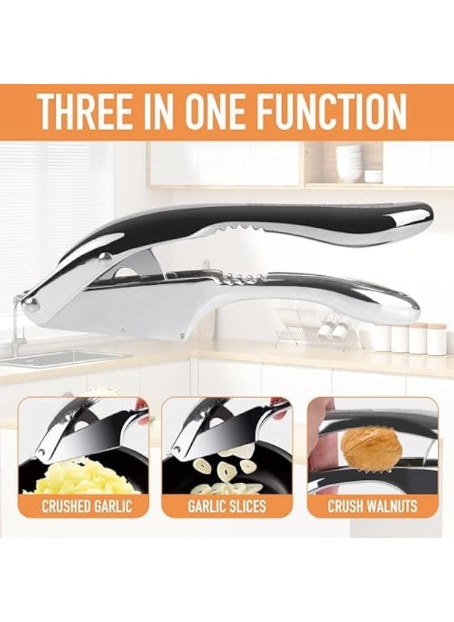 2-in-1 Garlic Press and Slicer, Effortlessly Crush, Slice, and Mince Garlic with Versatile Kitchen Tool, Ideal for Home Cooks and Professional Chefs (Silvery)