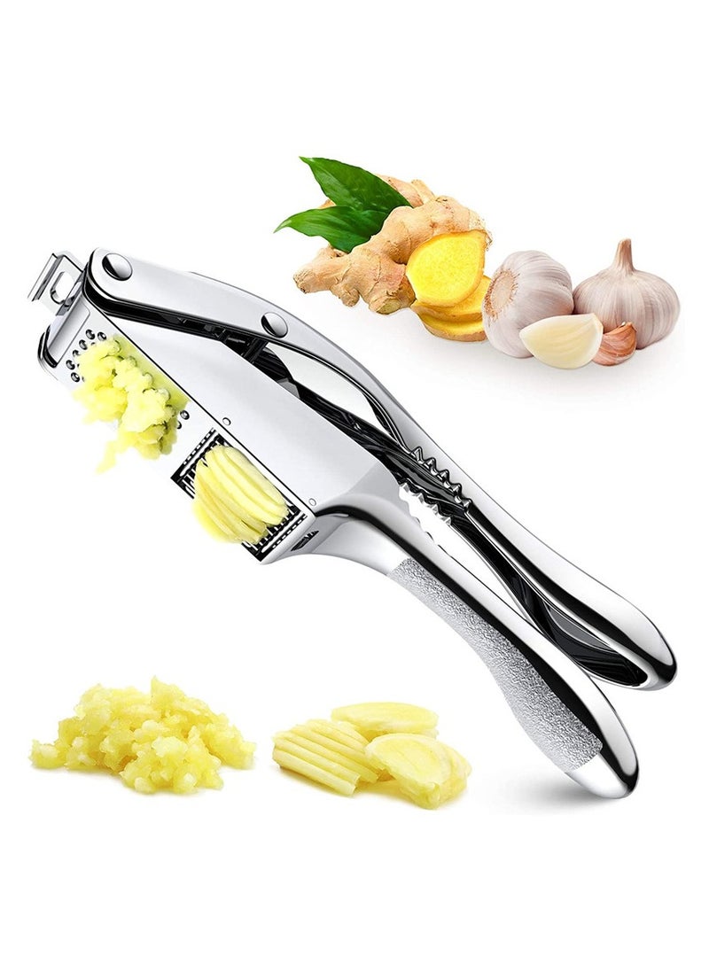 2-in-1 Garlic Press and Slicer, Effortlessly Crush, Slice, and Mince Garlic with Versatile Kitchen Tool, Ideal for Home Cooks and Professional Chefs (Silvery)