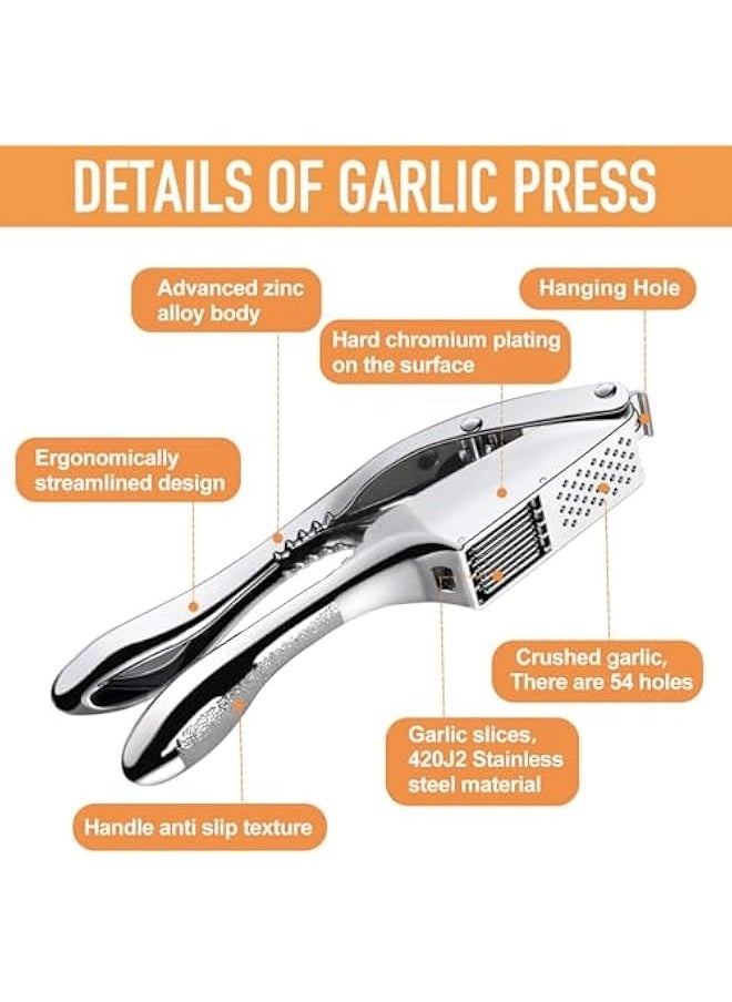 2-in-1 Garlic Press and Slicer, Effortlessly Crush, Slice, and Mince Garlic with Versatile Kitchen Tool, Ideal for Home Cooks and Professional Chefs (Silvery)
