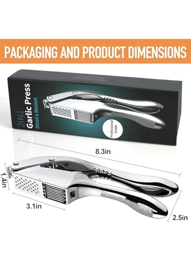 2-in-1 Garlic Press and Slicer, Effortlessly Crush, Slice, and Mince Garlic with Versatile Kitchen Tool, Ideal for Home Cooks and Professional Chefs (Silvery)