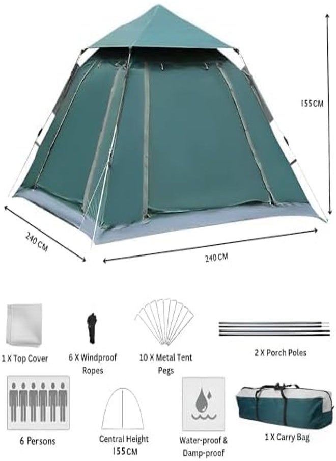 6 Person Camping Tent Automatic Instant Pop-Up Tent Lightweight Portable Tent Outdoor Camping Waterproof Windproof Camping Tent and Mesh Windows 2 Doors with Carry Bag