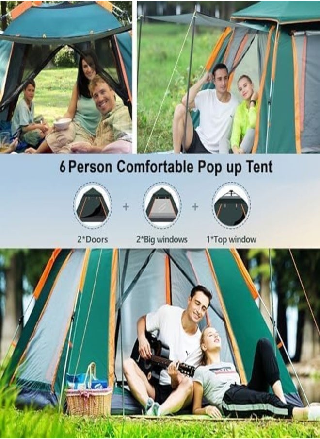 6 Person Camping Tent Automatic Instant Pop-Up Tent Lightweight Portable Tent Outdoor Camping Waterproof Windproof Camping Tent and Mesh Windows 2 Doors with Carry Bag