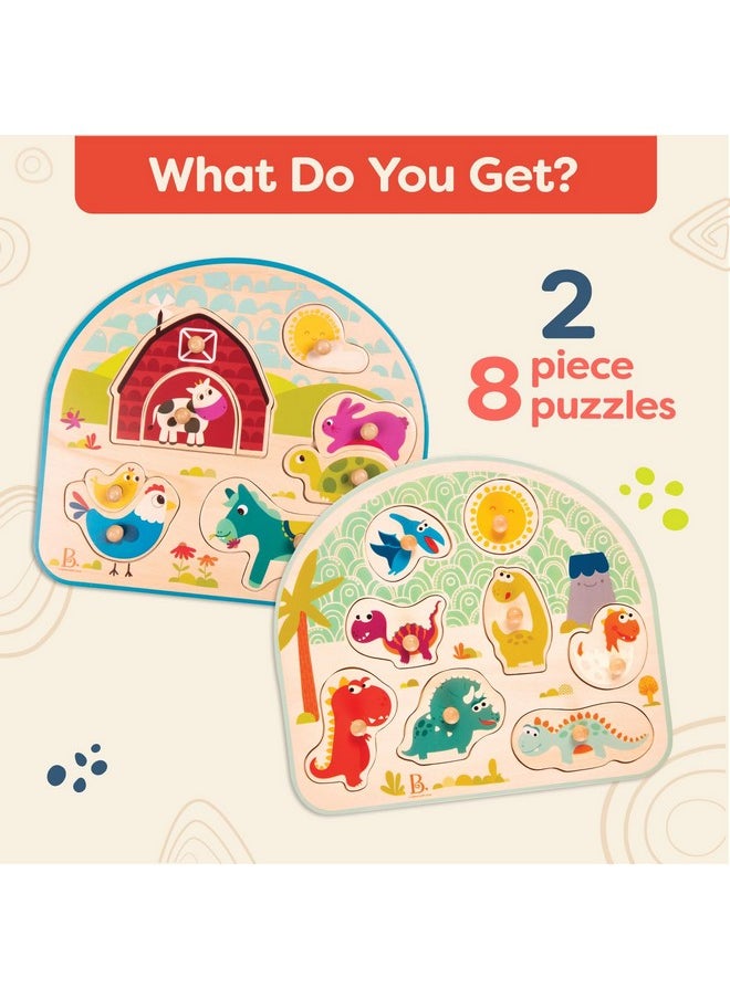 - Peg Puzzle 2-Pack - Dinos & Farm Animals- Wooden Peg Puzzles- 8 Pieces Each - Classic Toys For Toddlers, Kids - 18 Months +