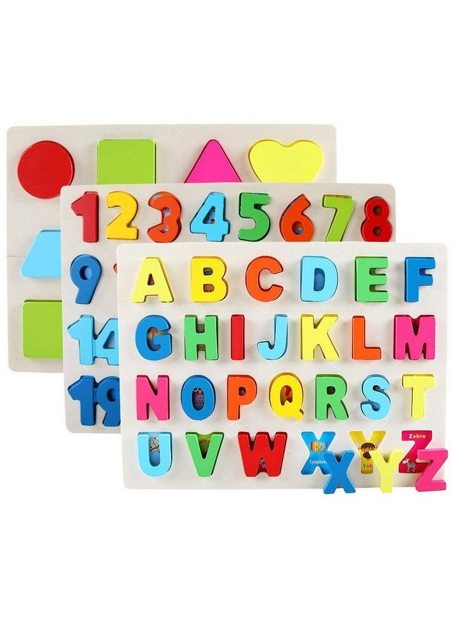 Wooden Puzzles For Toddlers, Wooden Alphabet Number Shape Puzzles Toddler Learning Puzzle Toys For Kids, 3 In 1 Puzzle For Toddlers, Age 3+ (Set Of 3)