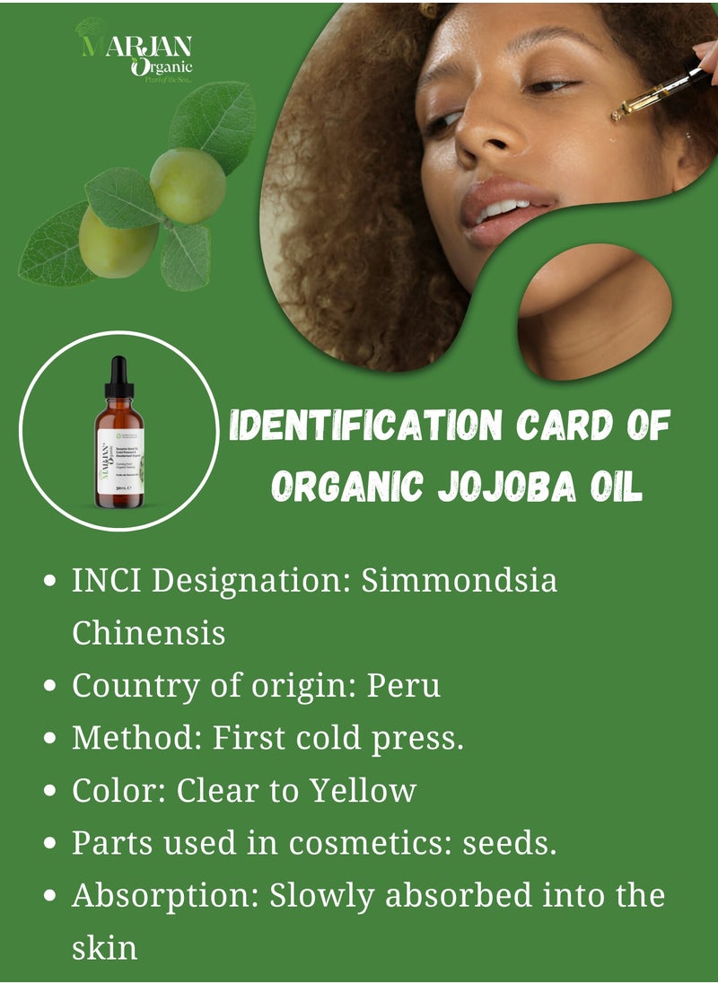 Jojoba Oil 30ml - Certified Organic - 100% Pure Cold Pressed Unrefined - For Hair Growth, Dandruff, Beard, Face, Body, Dry Skin, Nails - Deeply Moisturizing - Suitable for Men & Women