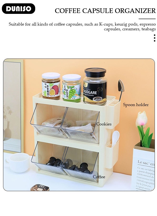 Tea Bag Organizer, Stackable Plastic Tea Storage Box with Lid, Wall-mounted Tea Bag Holder, Coffee Pod Holder, Tea Bags Container Dispenser, Multi-layer Countertop Organizer for Sugar Packet, Coffee, in Kitchen, Countertop, Pantry