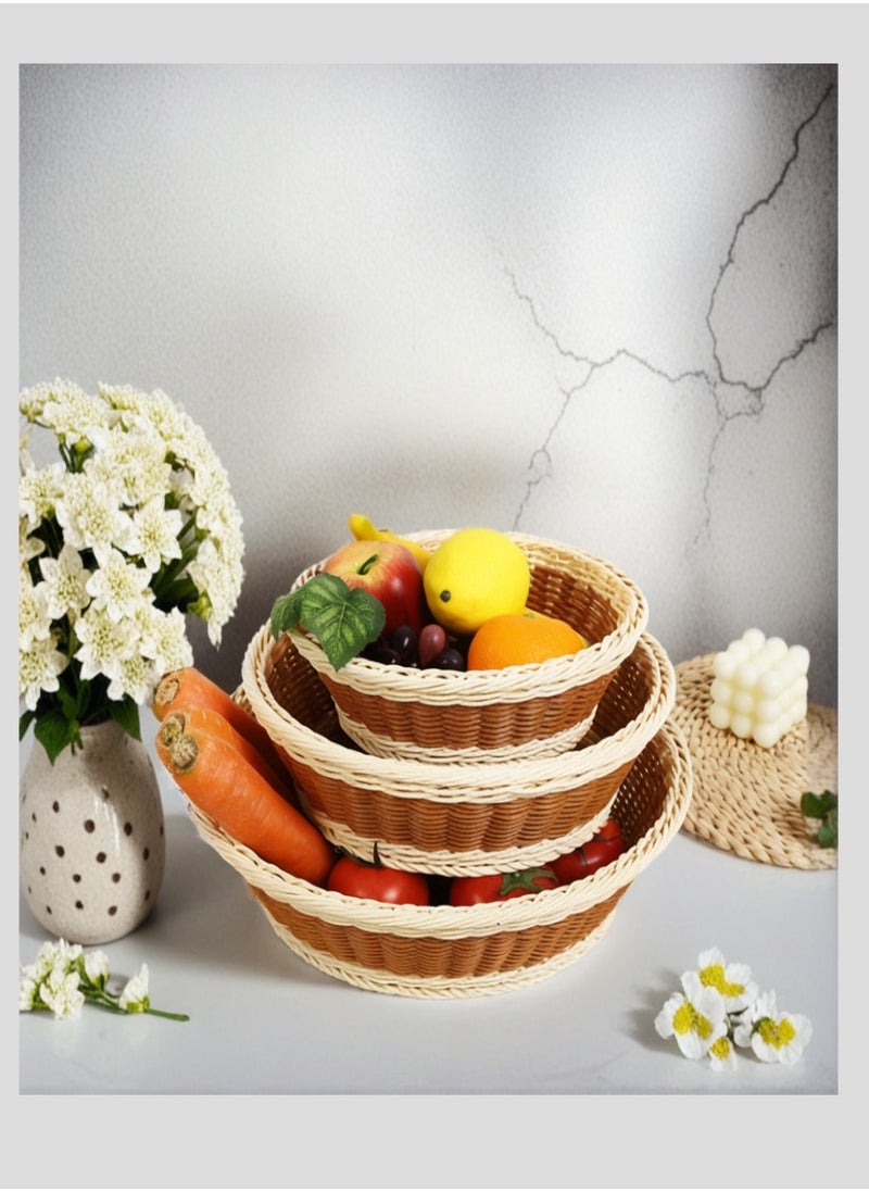 Set of 3 Baskets,Organizer set for Food,Vegetables,Fruits,Snacks,Hand Woven Kitchen Storage,Home Deco,Large Capacity of 3 sizes Diameter 35cm,30cm,25cm,9cm height