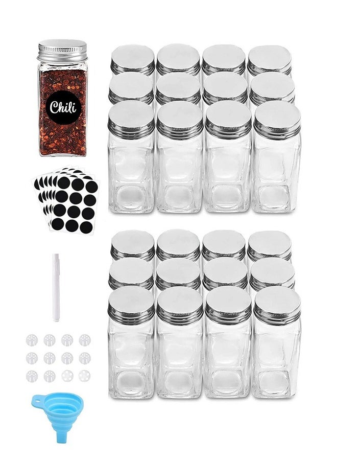 ﻿ 24 Pcs Spice Jars with Labels - 4 oz Glass Spice Jars with Metal Lids,  Labels Stickers, Shaker Lids, Collapsible Funnel,  Pens, Seasoning Storage Bottles for Spice Rack, Cabinet, Drawer