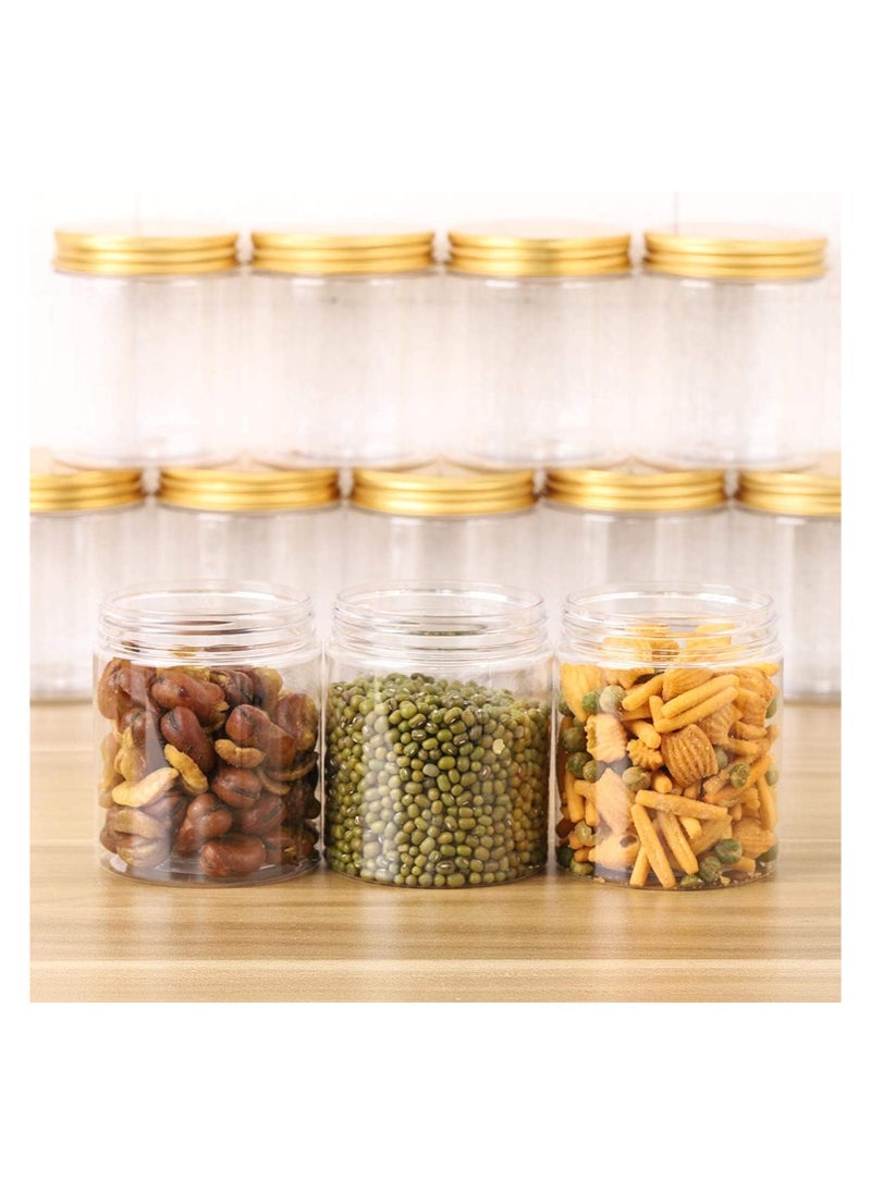 Clear Plastic Pet Jars 12 Pc × 200 Ml, Empty Refillable Pet Bottles with Gold Lids for Food Home Storage Products Round Food Containers Candy | Spiced | Biscuits