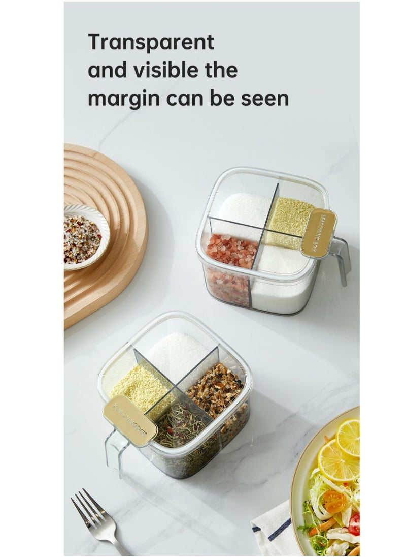 4-Compartment Spice Jar with Lid and Spoons, Clear Plastic Seasoning Pot, 4-Grid Spice Organizer, Condiments Jar with Spoons and Air Tight Cover, Kitchen Organizer.