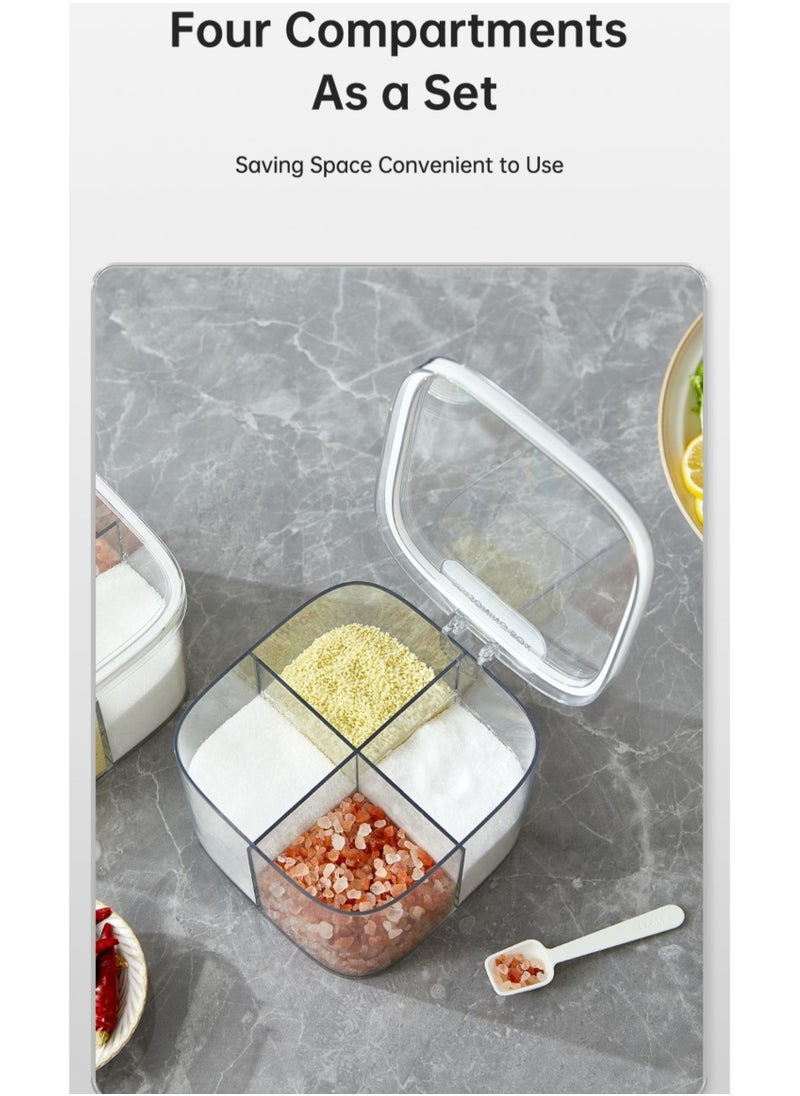 4-Compartment Spice Jar with Lid and Spoons, Clear Plastic Seasoning Pot, 4-Grid Spice Organizer, Condiments Jar with Spoons and Air Tight Cover, Kitchen Organizer.