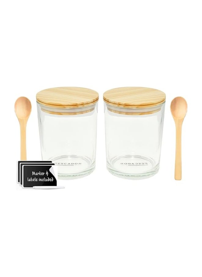 PESCADOR 2 Glass Jars With Wooden Lids and spoons- 500 ml glass jar for food storage of dry goods,tea, jams, Candy, Spices - spice jar for kitchen storage-ideal glass container for preserving food