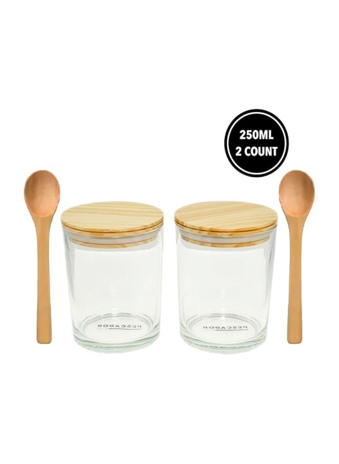 PESCADOR Glass Jars With Wooden Lids and 2 spoons- 250ml for food storage, dry goods,tea, jams, and Candy- spice jar for kitchen storage-ideal glass container for preserving food 2 Count - 250ML