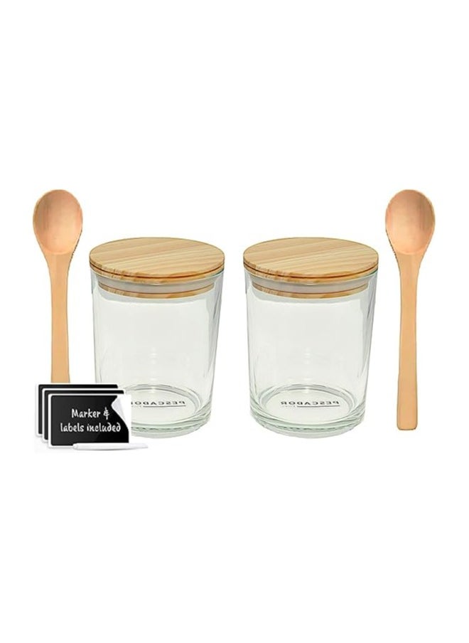 PESCADOR Glass Jars With Wooden Lids and 2 spoons- 250ml for food storage, dry goods,tea, jams, and Candy- spice jar for kitchen storage-ideal glass container for preserving food 2 Count - 250ML