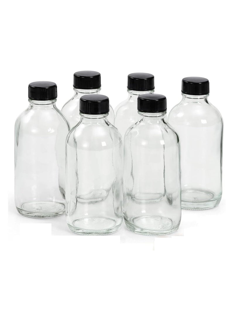 150ml Glass Bottles with Black Plastic Lids, 6 Pcs– Leak-Proof Small Round Glass Jars for Water, Juice, Oil, Spices, Condiments, DIY Beauty Products, Kitchen Storage, Travel, and Pantry Organization