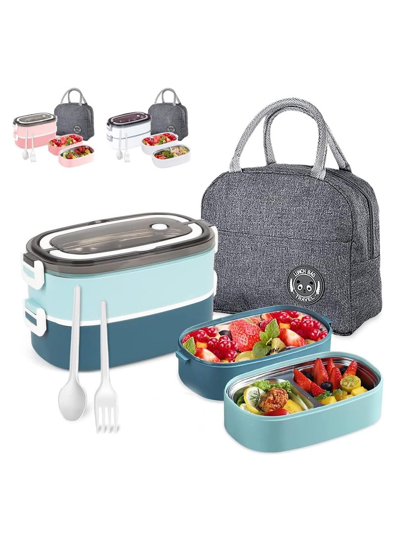 Stainless Steel Lunch Box Lunch Box for Kids School Insulated Lunch Box for Adults Tiffin Box for Office Bento Box with Lunch Bag Thermal Lunch Box with Spoon for Men u0026 Women (Blue)