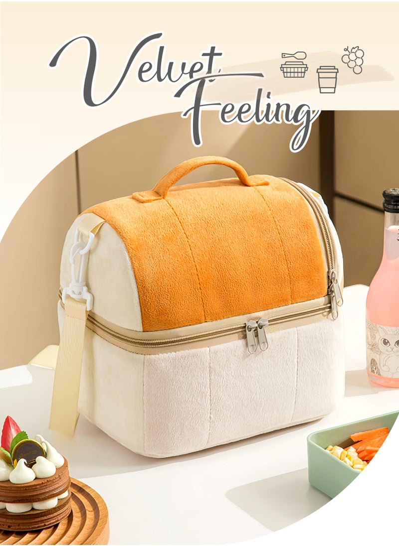 Thermal Insulated Flannel Lunch Box Bag for Ladies Kids with Strap Handles,Office Lunch Bag,Orange Beige,2 Storage Spaces,Removable Partition,Super Large Size,Wide Open Easy to Clean,Carried or Back