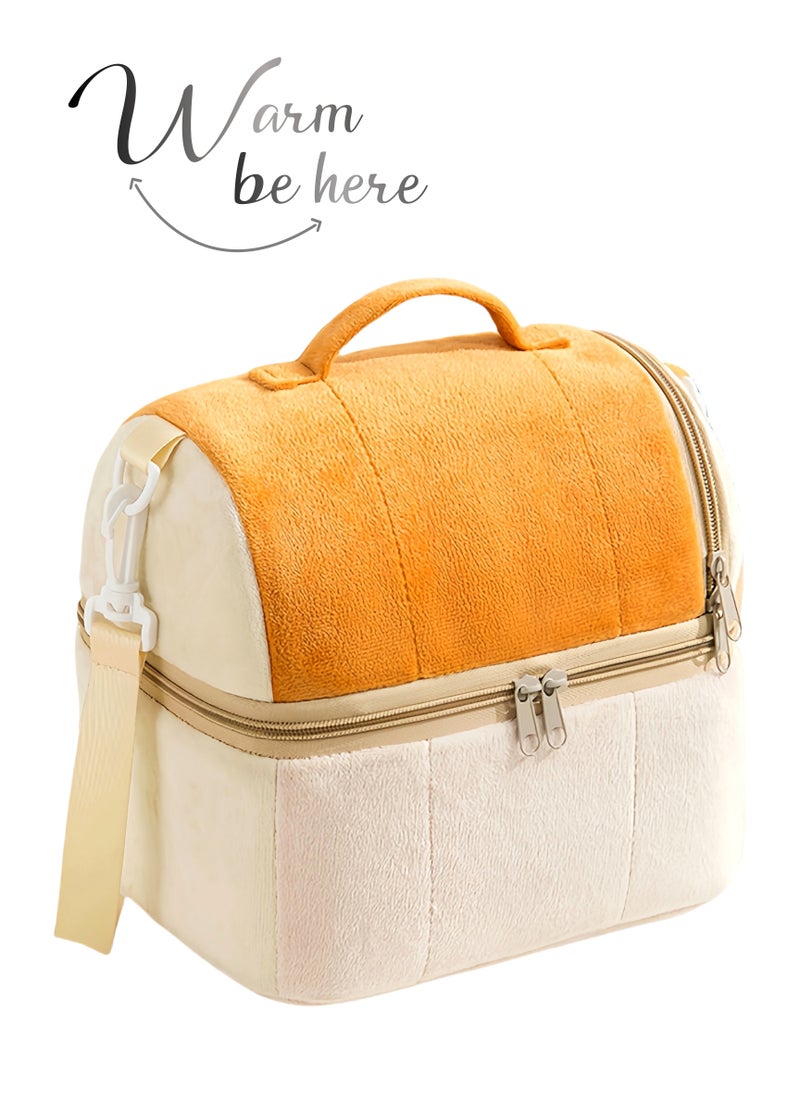 Thermal Insulated Flannel Lunch Box Bag for Ladies Kids with Strap Handles,Office Lunch Bag,Orange Beige,2 Storage Spaces,Removable Partition,Super Large Size,Wide Open Easy to Clean,Carried or Back