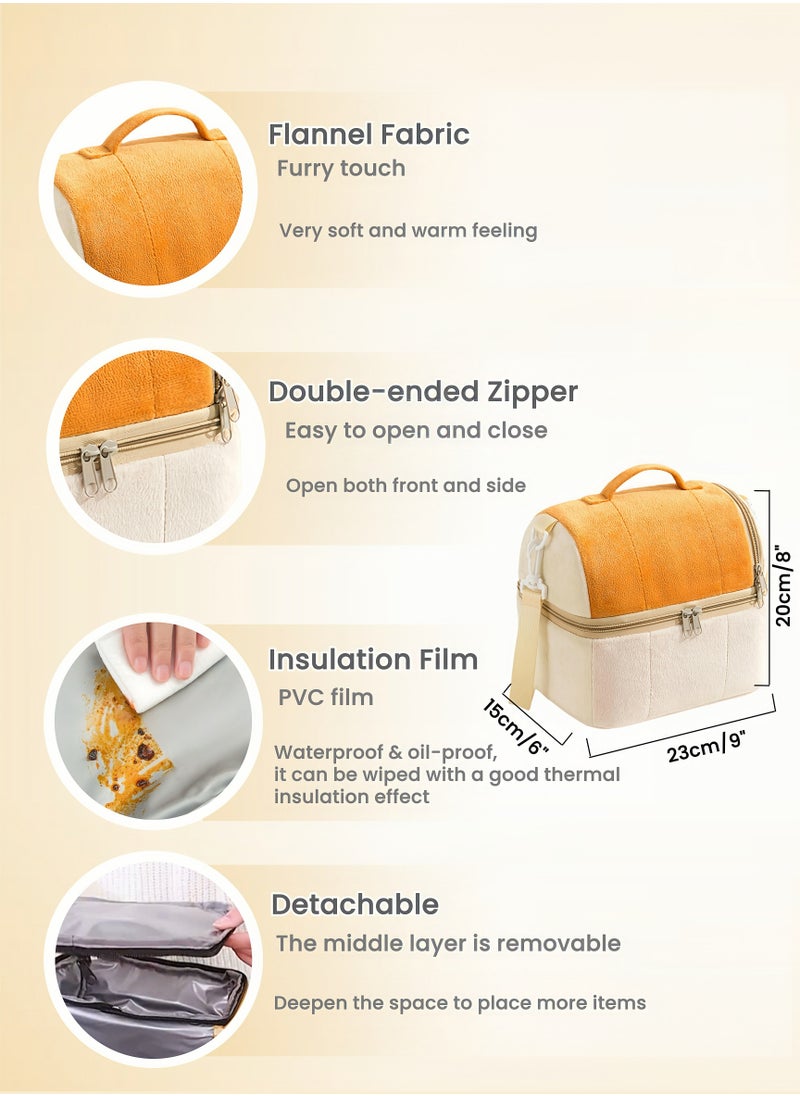 Thermal Insulated Flannel Lunch Box Bag for Ladies Kids with Strap Handles,Office Lunch Bag,Orange Beige,2 Storage Spaces,Removable Partition,Super Large Size,Wide Open Easy to Clean,Carried or Back