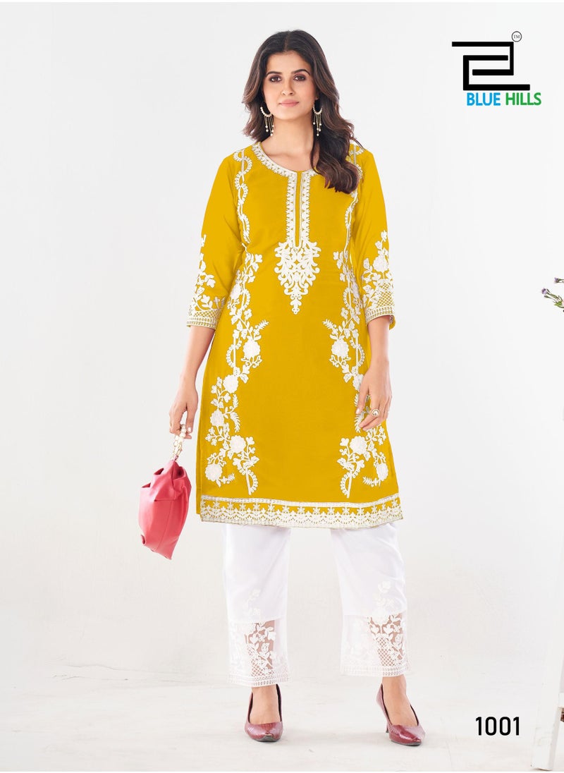 Heavy Embroidery Work Straight Yellow Kurti with Pant