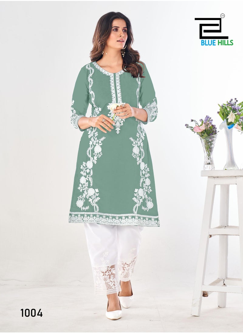 Heavy Embroidery Work Straight Pista Green Kurti with Pant