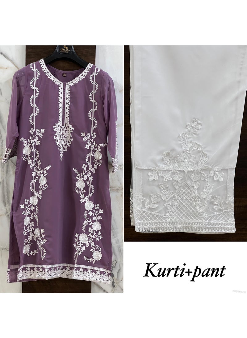 Heavy Embroidery Work Straight Purple Kurti with Pant