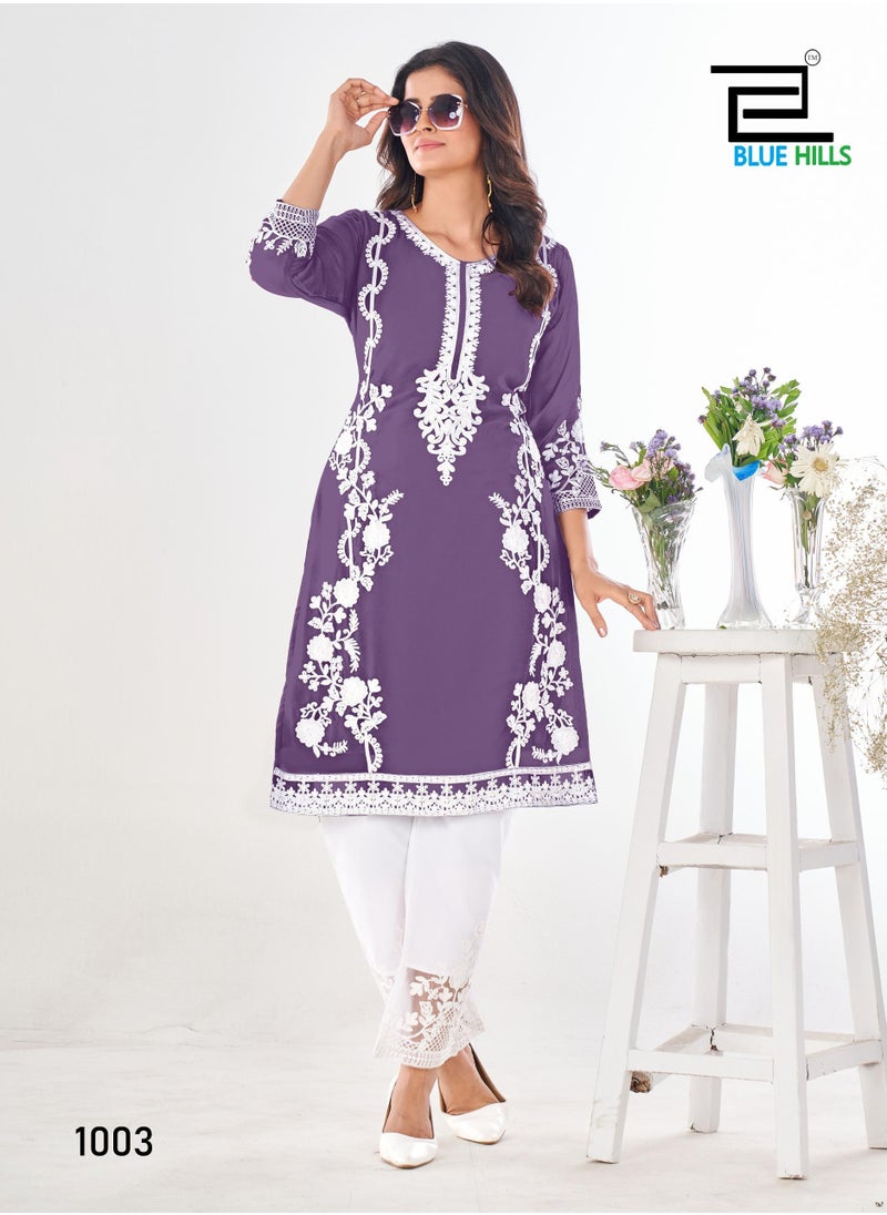 Heavy Embroidery Work Straight Purple Kurti with Pant