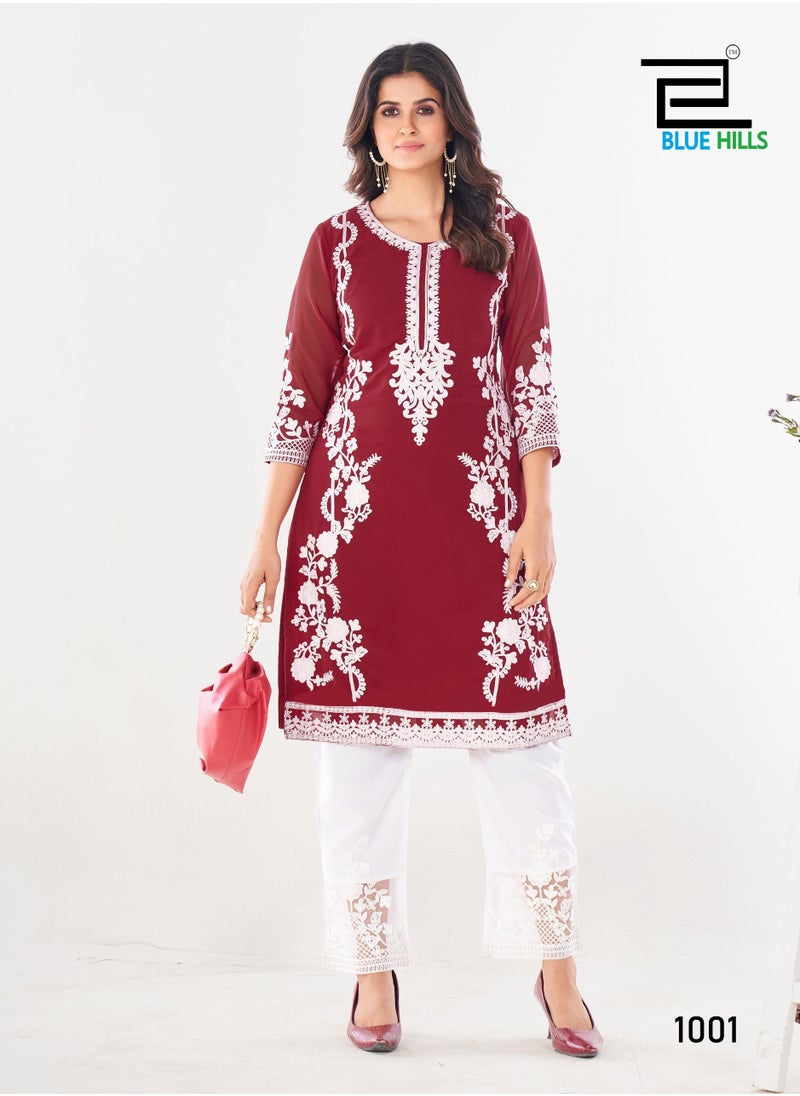 Heavy Embroidery Work Straight Red Kurti with Pant