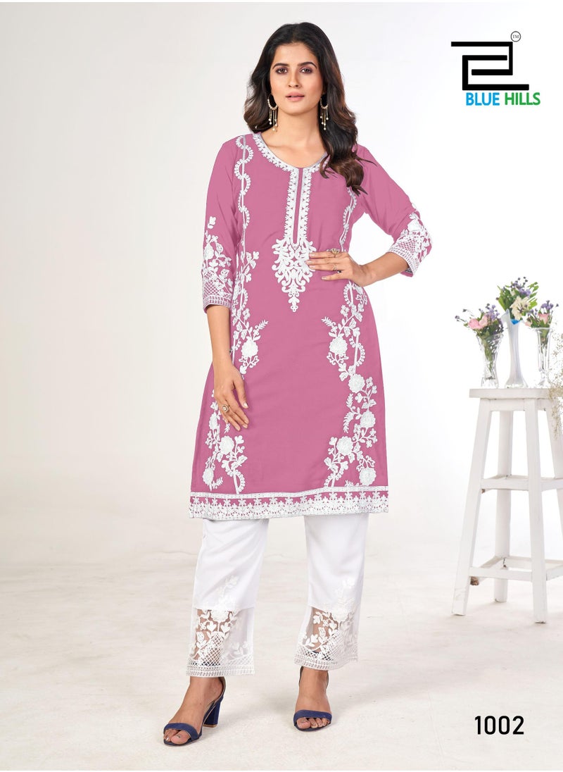 Heavy Embroidery Work Straight Pink Kurti with Pant