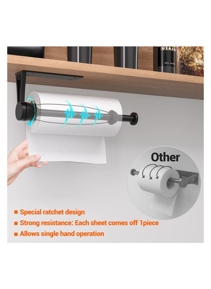 Paper Towel Holder Under Cabinet, Single Hand Operable Wall Mount with Damping Effect, Self-Adhesive or Drilled for Kitchen Bathroom, Black
