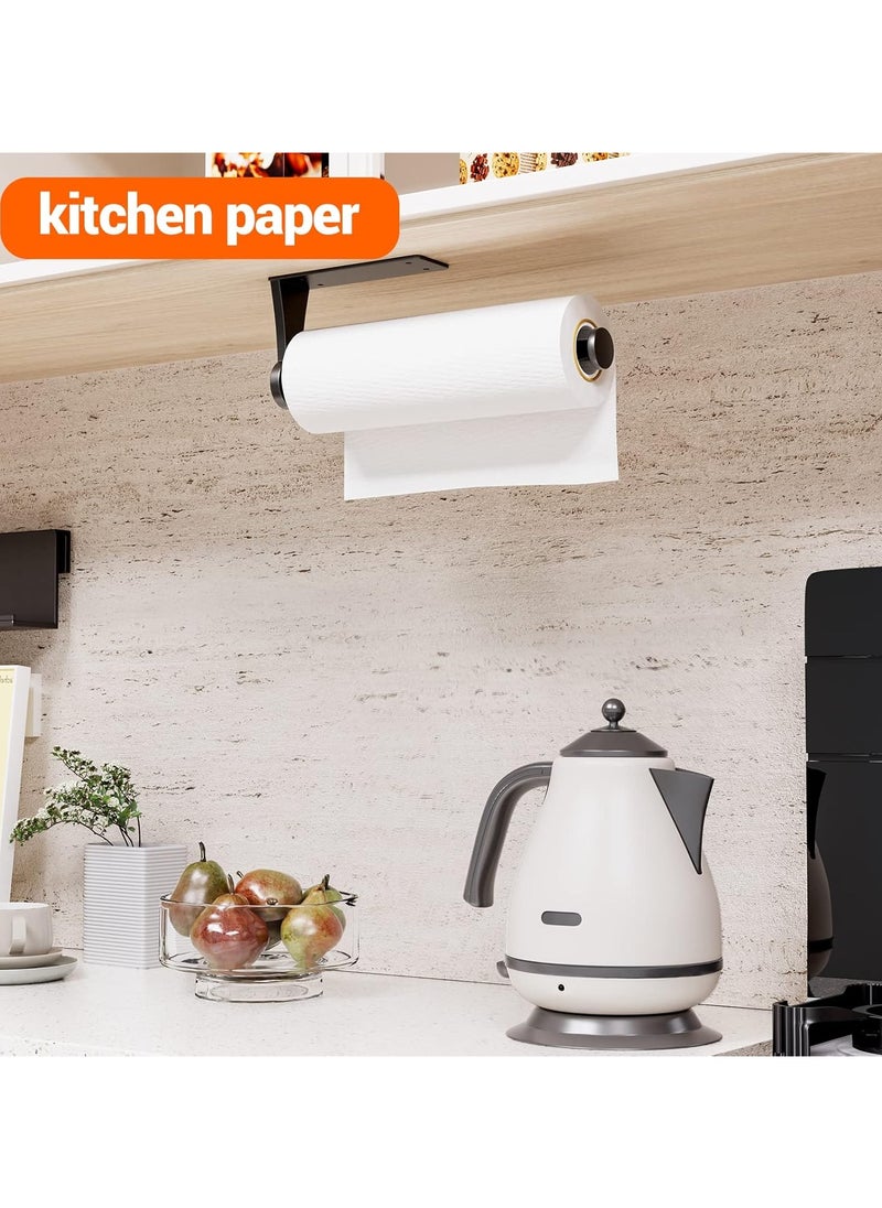 Paper Towel Holder Under Cabinet, Single Hand Operable Wall Mount with Damping Effect, Self-Adhesive or Drilled for Kitchen Bathroom, Black