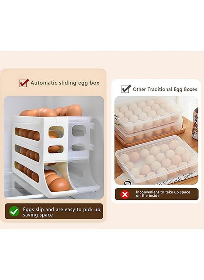 Four-tier slide egg storage box, 30 egg refrigerator egg holders, large capacity refrigerator egg dispenser, space-saving kitchen countertop storage box (milk white)