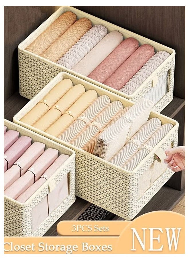 Clothes Storage Boxes, Set of 3 Wardrobe Storage Organiser Fabric Clothes Organiser, Storage Boxes with Clear Window for Jeans Pants Shirts Leggings Sweaters(Beige)