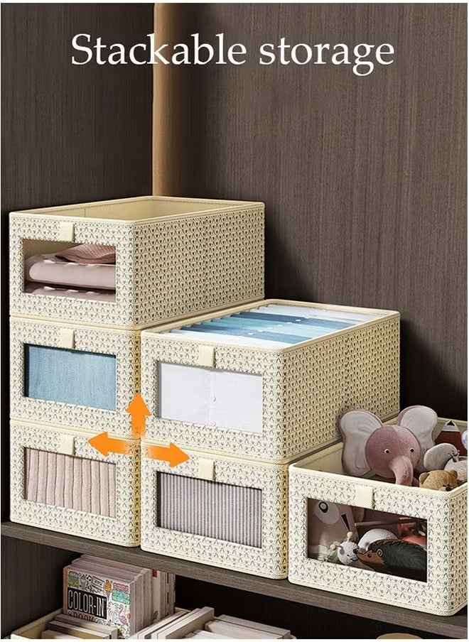 Clothes Storage Boxes, Set of 3 Wardrobe Storage Organiser Fabric Clothes Organiser, Storage Boxes with Clear Window for Jeans Pants Shirts Leggings Sweaters(Beige)