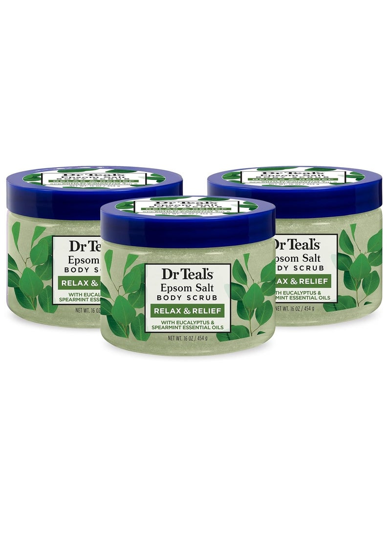 Dr Teal's Pure Epsom Salt Body Scrub, Relax & Relief with Eucalyptus & Spearmint Essential Oils, 16 oz (Pack of 3)