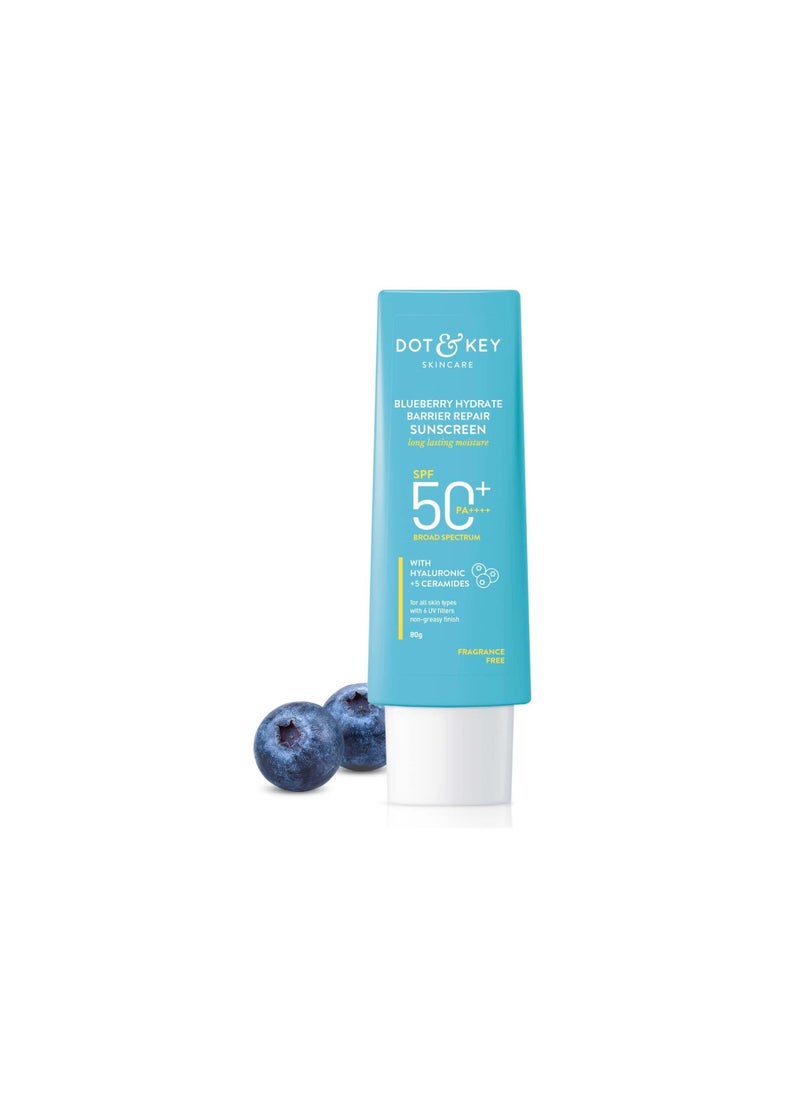 Dot & Key Blueberry Hydrate Barrier Repair Sunscreen SPF 50+, PA++++ | For Dry & Sensitive Skin | Non - Greasy Finish | No White Cast | UV & Blue Light Protection | Broad Spectrum| 80g