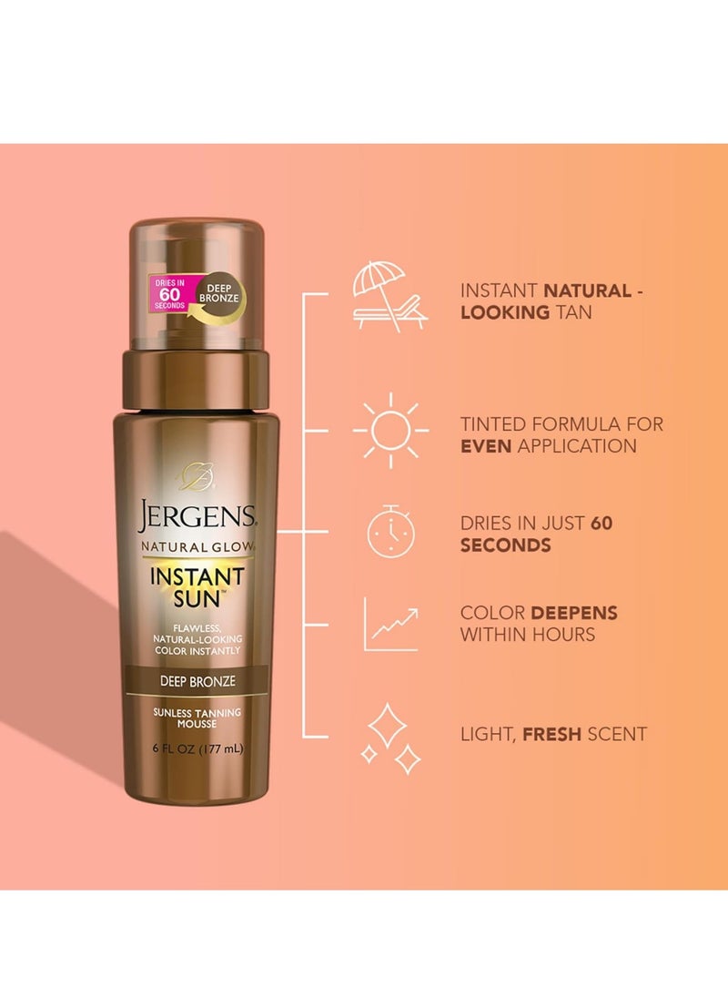 Jergens Natural Glow Instant Sun Body Mousse, Self Tanner for Deep Bronze Tan, Sunless Tanning Body Bronzer for Natural Looking Color Instantly, 6 Oz