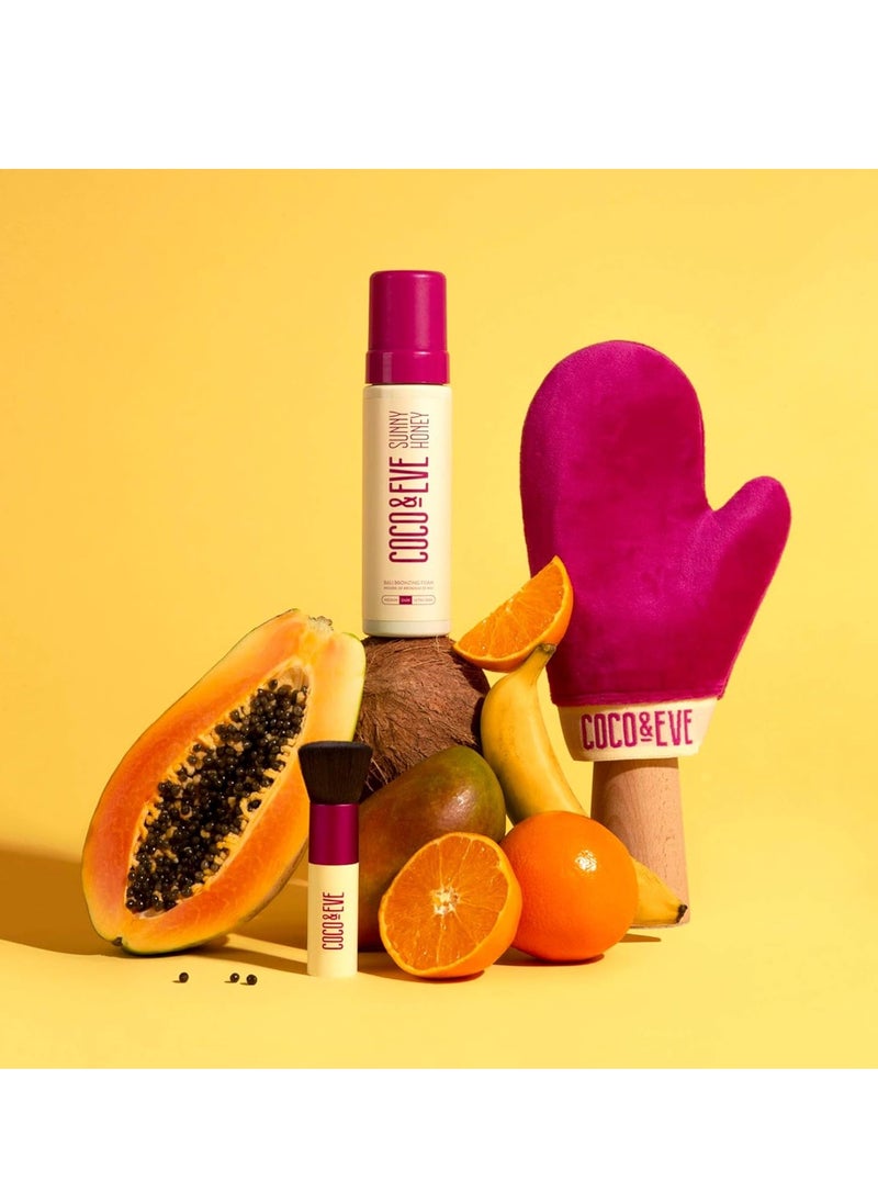 Coco & Eve Sunny Honey Bali Bronzing Bundle (Medium). All Natural Sunless Tanning Mousse. Instant Self Tanning Lotion with Bronzer, Mitt Applicator and Kabuki Brush.