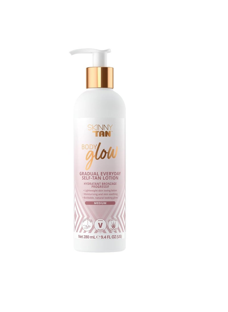 Skinny Tan Body Glow Gradual Tan Lotion - Lightweight, Fast-Absorbing Formula - Coconut and Vanilla Scent - Enriched with Aloe Vera and Guarana - Natural, Streak Free Gold Color - Medium - 9.4 oz