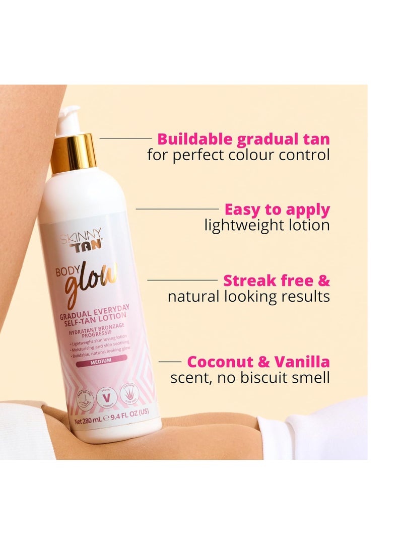 Skinny Tan Body Glow Gradual Tan Lotion - Lightweight, Fast-Absorbing Formula - Coconut and Vanilla Scent - Enriched with Aloe Vera and Guarana - Natural, Streak Free Gold Color - Medium - 9.4 oz