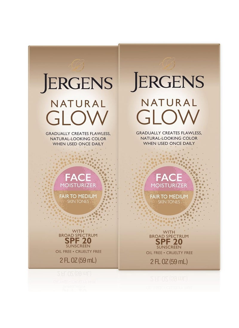 Jergens Natural Glow Face Self Tanner Lotion, SPF 20 Sunless Tanning, Fair to Medium Skin Tone, Daily Facial Sunscreen, Oil Free, Broad Spectrum Protection, 2 Fl Oz (Pack of 2) (Packaging May Vary)