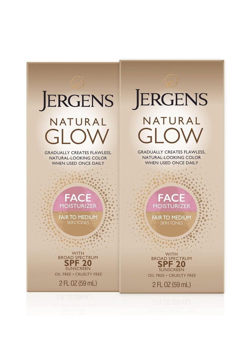 Jergens Natural Glow Face Self Tanner Lotion, SPF 20 Sunless Tanning, Fair to Medium Skin Tone, Daily Facial Sunscreen, Oil Free, Broad Spectrum Protection, 2 Fl Oz (Pack of 2) (Packaging May Vary)