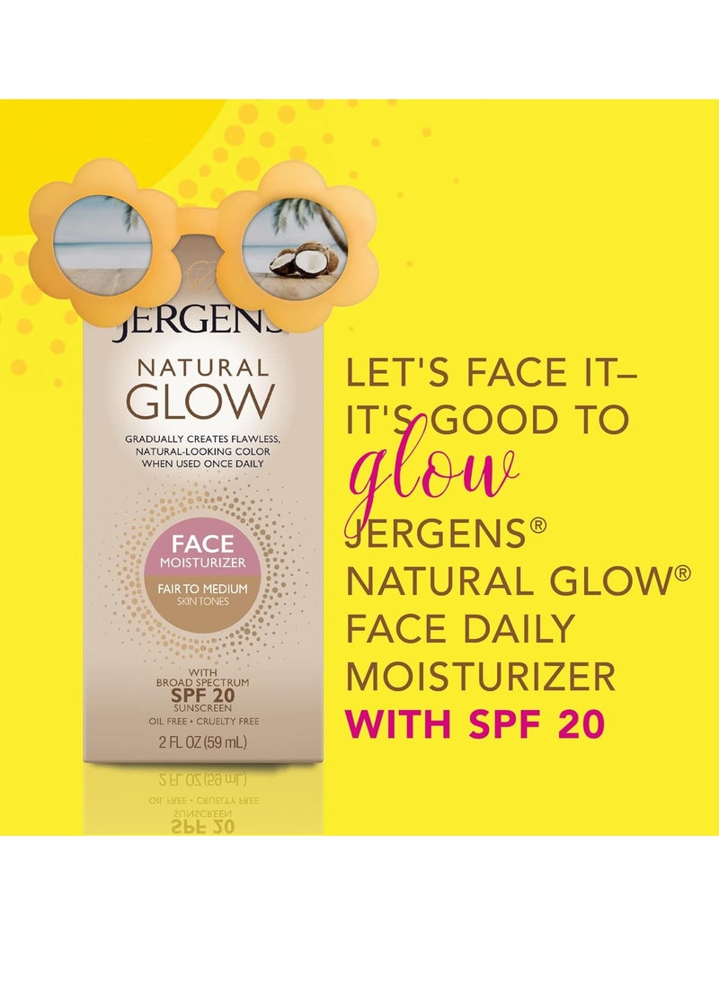 Jergens Natural Glow Face Self Tanner Lotion, SPF 20 Sunless Tanning, Fair to Medium Skin Tone, Daily Facial Sunscreen, Oil Free, Broad Spectrum Protection, 2 Fl Oz (Pack of 2) (Packaging May Vary)