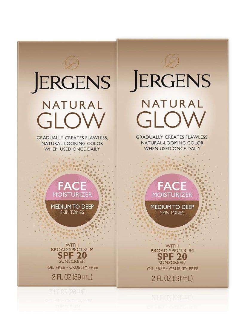 Jergens Natural Glow Face Self Tanner Lotion, SPF 20 Sunless Tanning, Medium to Deep Skin Tone Moisturizer, Daily Facial Sunscreen, Oil Free, Broad Spectrum Protection, 2-2 oz