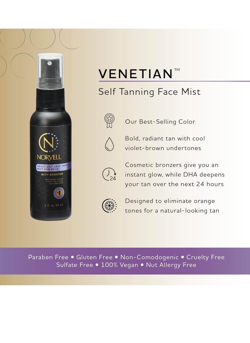 Norvell Venetian Sunless Self Tanning Mist for Face - Non Comedogenic Facial Bronzing Tanner Spray for Natural Sun-Kissed Glow, 2 fl.oz.