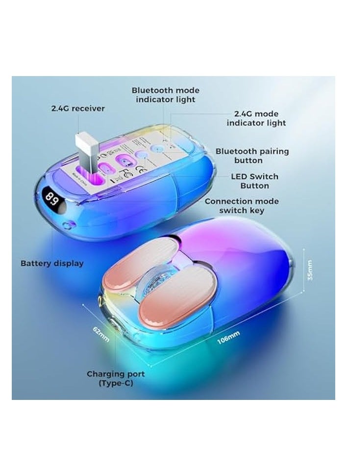 Bluetooth 2.4G Wireless USB Mouse Transparent, RGB LED Aesthetics Rechargeable Dual Mode Backlit Mouse with Crystal Hard Shell, Display Lighting for Computer, Laptop, MacBook, PC