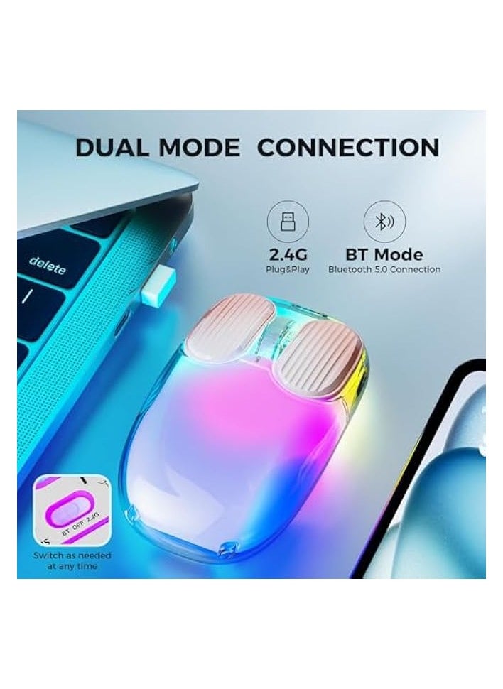 Bluetooth 2.4G Wireless USB Mouse Transparent, RGB LED Aesthetics Rechargeable Dual Mode Backlit Mouse with Crystal Hard Shell, Display Lighting for Computer, Laptop, MacBook, PC