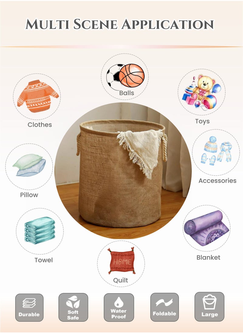 Cotton and Linen Woven Foldable Laundry Basket with Doublehandle,Dress Storage Cloth Basket,PE Waterproof and Moistureproof Inner Film,Kid's Toys Kitchen Storage Basket, Laundry Hamper for Bathroom